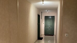 A hallway with a shiny floor, a green door at the end, and a light fixture on the ceiling.