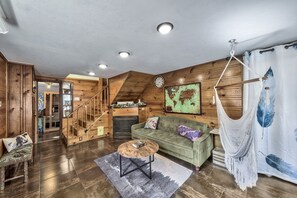 Fireplace, books, music library, video library