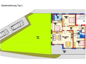 Ein Draufsichtgrundriss einer Gartenwohnung mit 14,5 m² Gartenfläche, 3 Schlafzimmern, einer Küche und einem Wohnzimmer.
