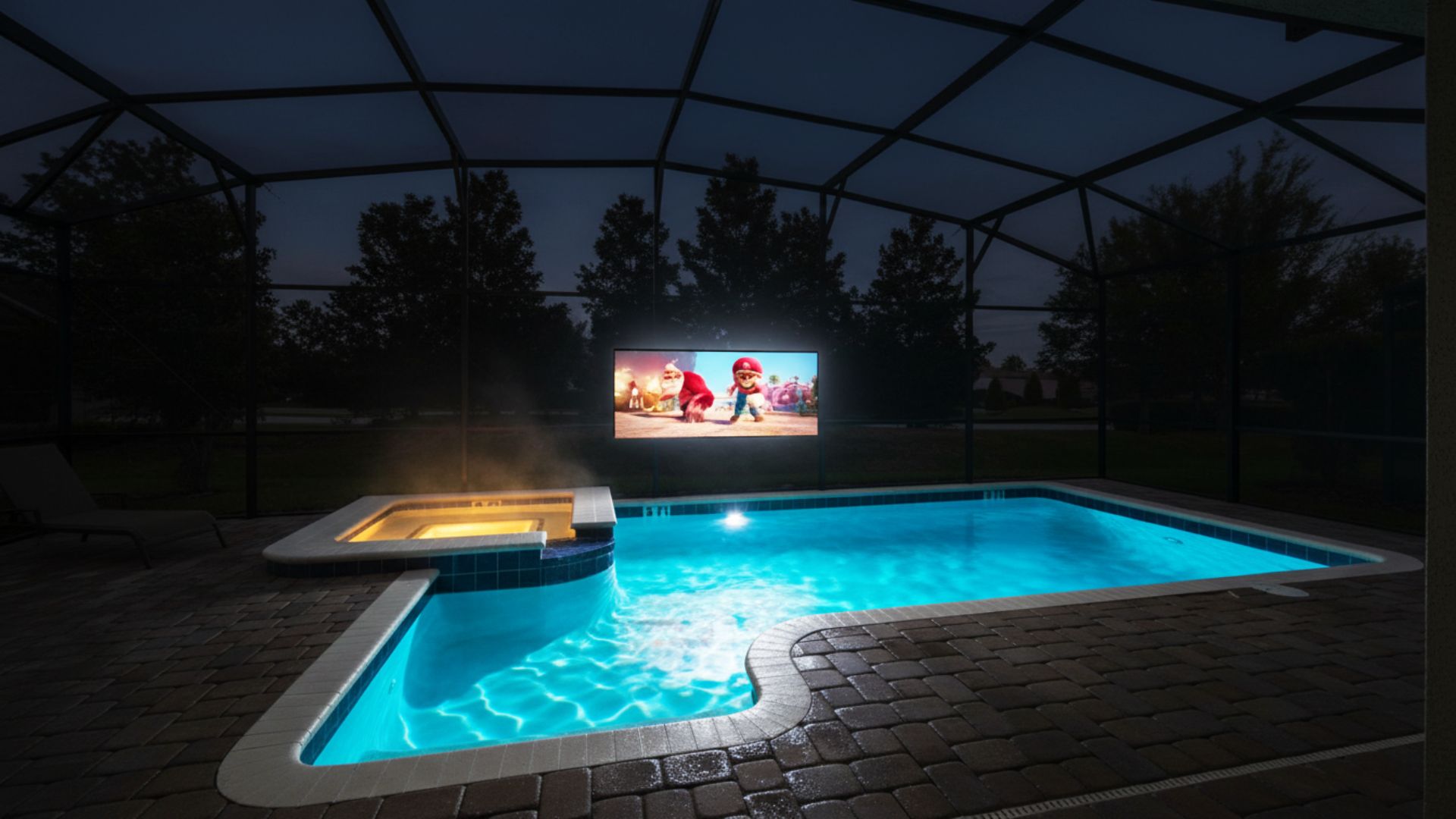 Ein Schwimmbecken mit integriertem Fernsehbildschirm, der ein Videospiel zeigt, umgeben von einem überdachten Bereich mit Backsteinboden.