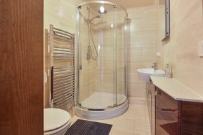 Shower, hair dryer, towels