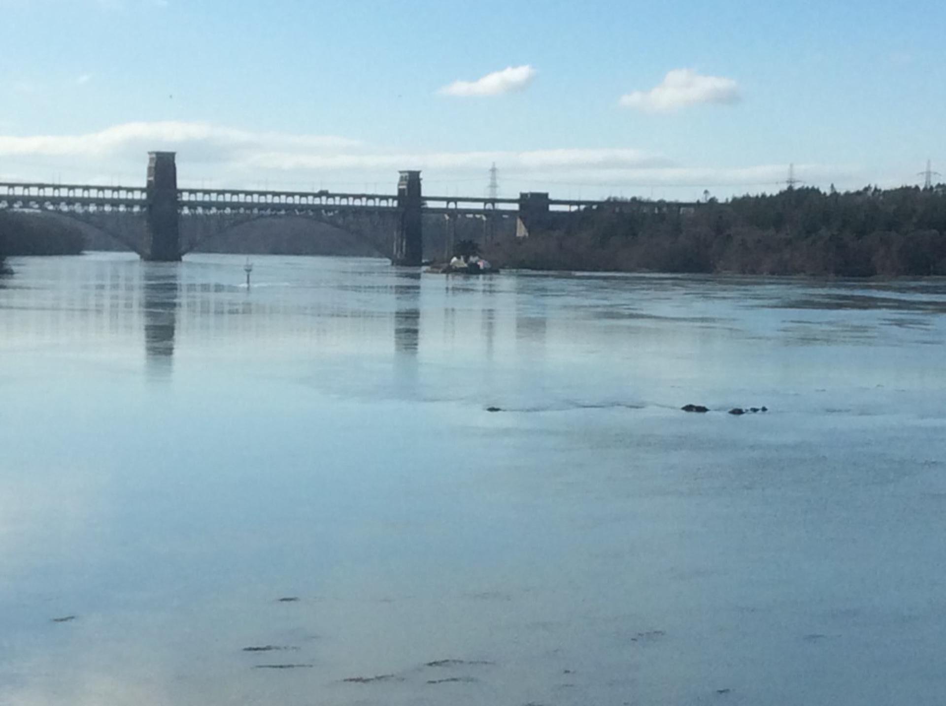 A bridge over a calm river with a forested area in the background.