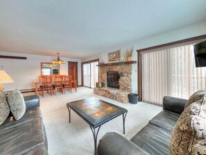 Flat-screen TV, fireplace
