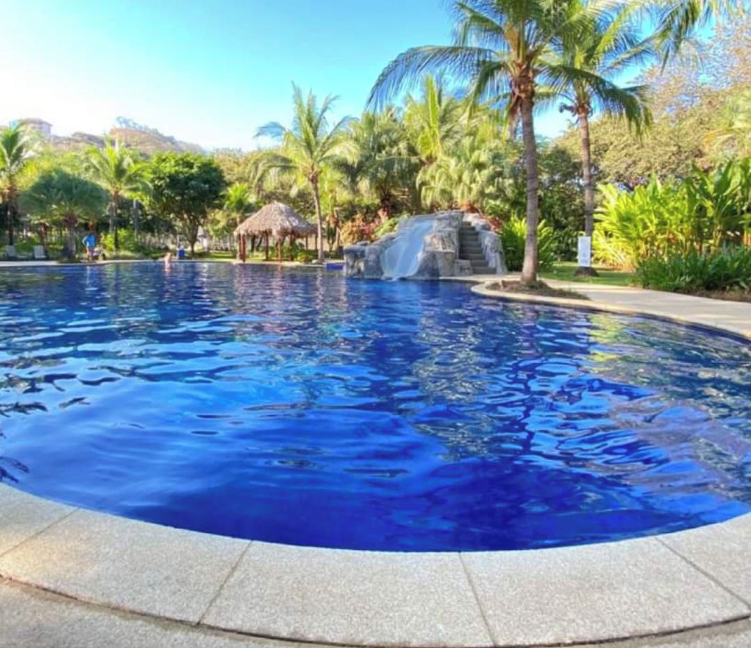 A swimming pool with a waterfall feature, surrounded by palm trees and a thatched-roof structure.