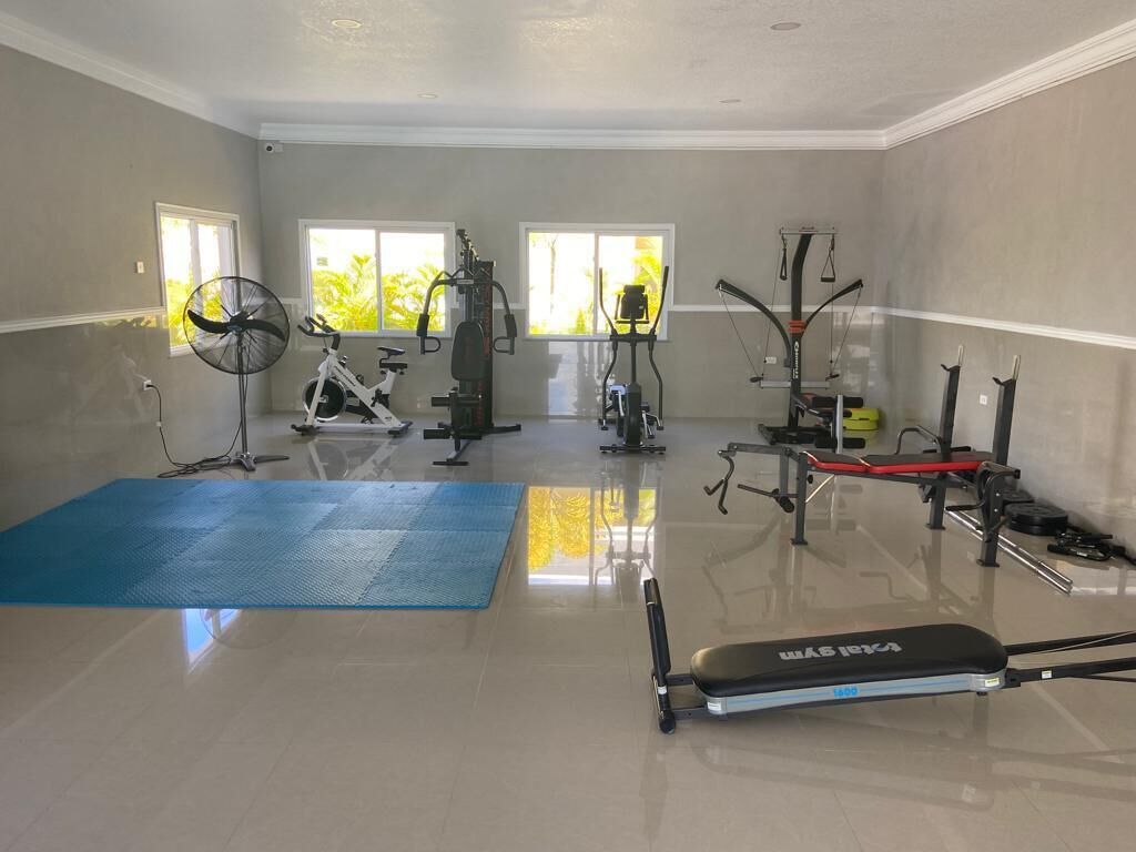 A gym with exercise equipment, a blue mat, and windows with natural light.