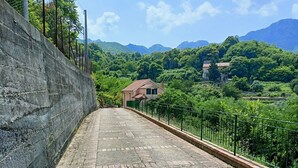 A paved pathway with a concrete wall on one side and a metal fence on the other, leading to a building with a red roof.