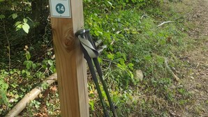 Ein Holzpfosten mit einem Schild und einer daran lehnten Schaufel.