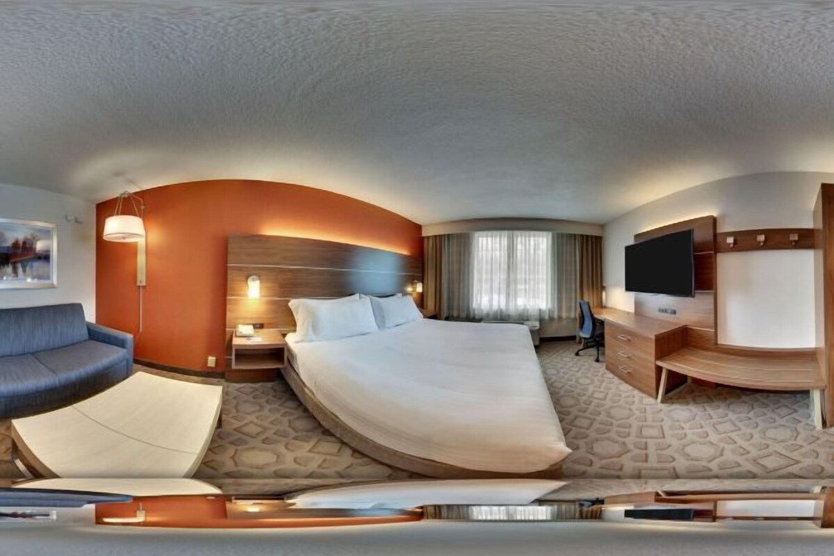 A hotel room with a curved bed, a sofa, a desk, and a TV.