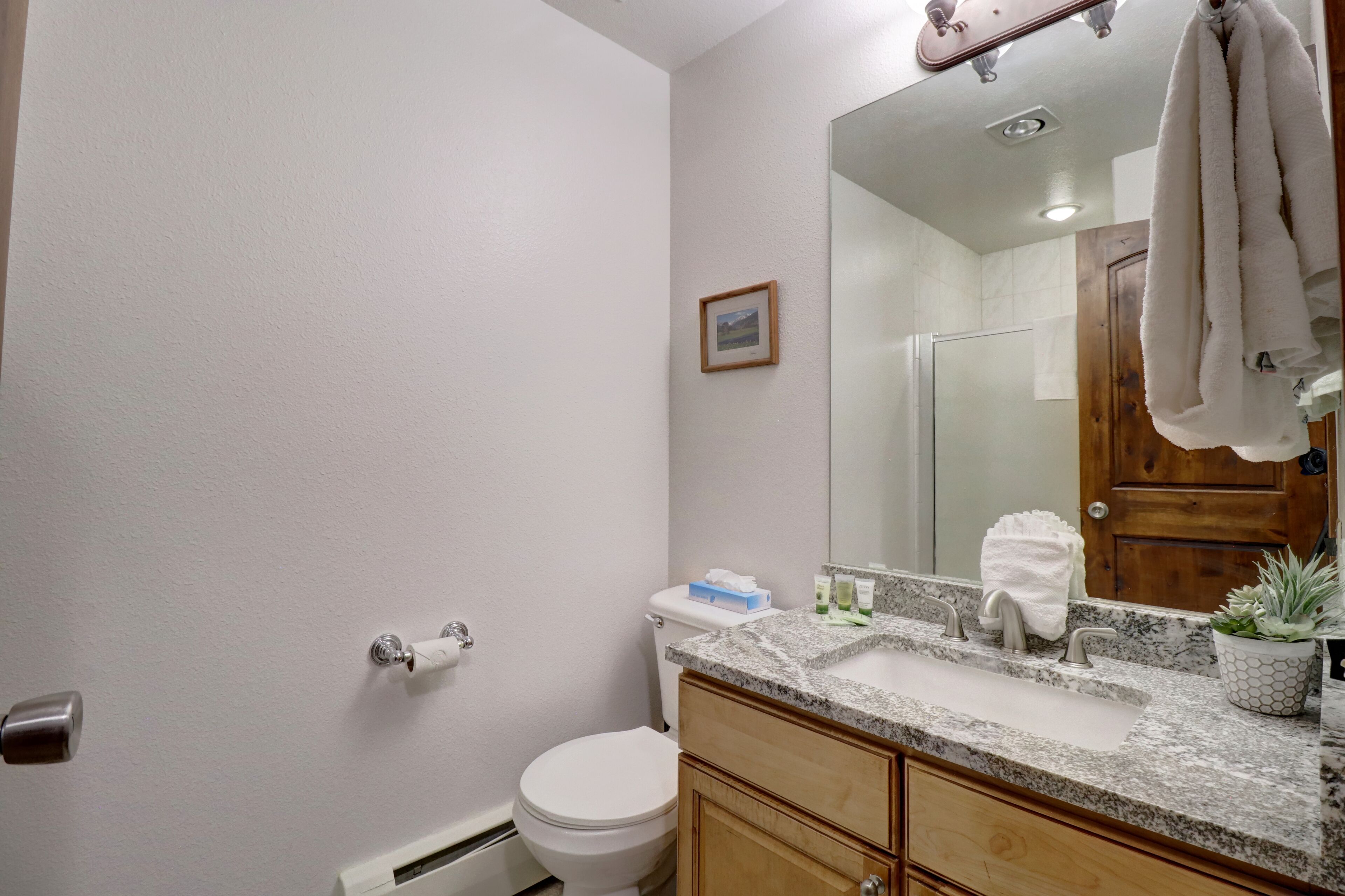 A bathroom with a white toilet, a sink with a granite countertop, a wooden cabinet, and a mirror.