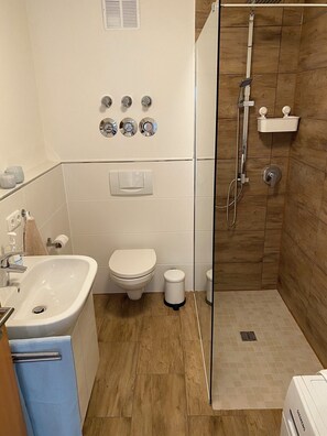 Shower, hair dryer, towels, soap