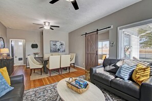 Smart TV, fireplace, books