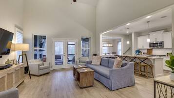 Smart TV, fireplace, music library, video library