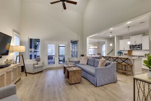 Smart TV, fireplace, music library, video library