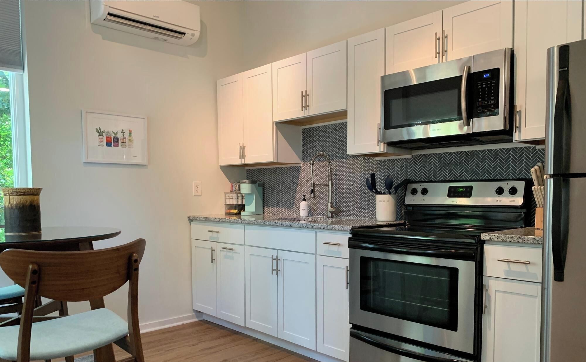 Fridge, microwave, coffee/tea maker, electric kettle