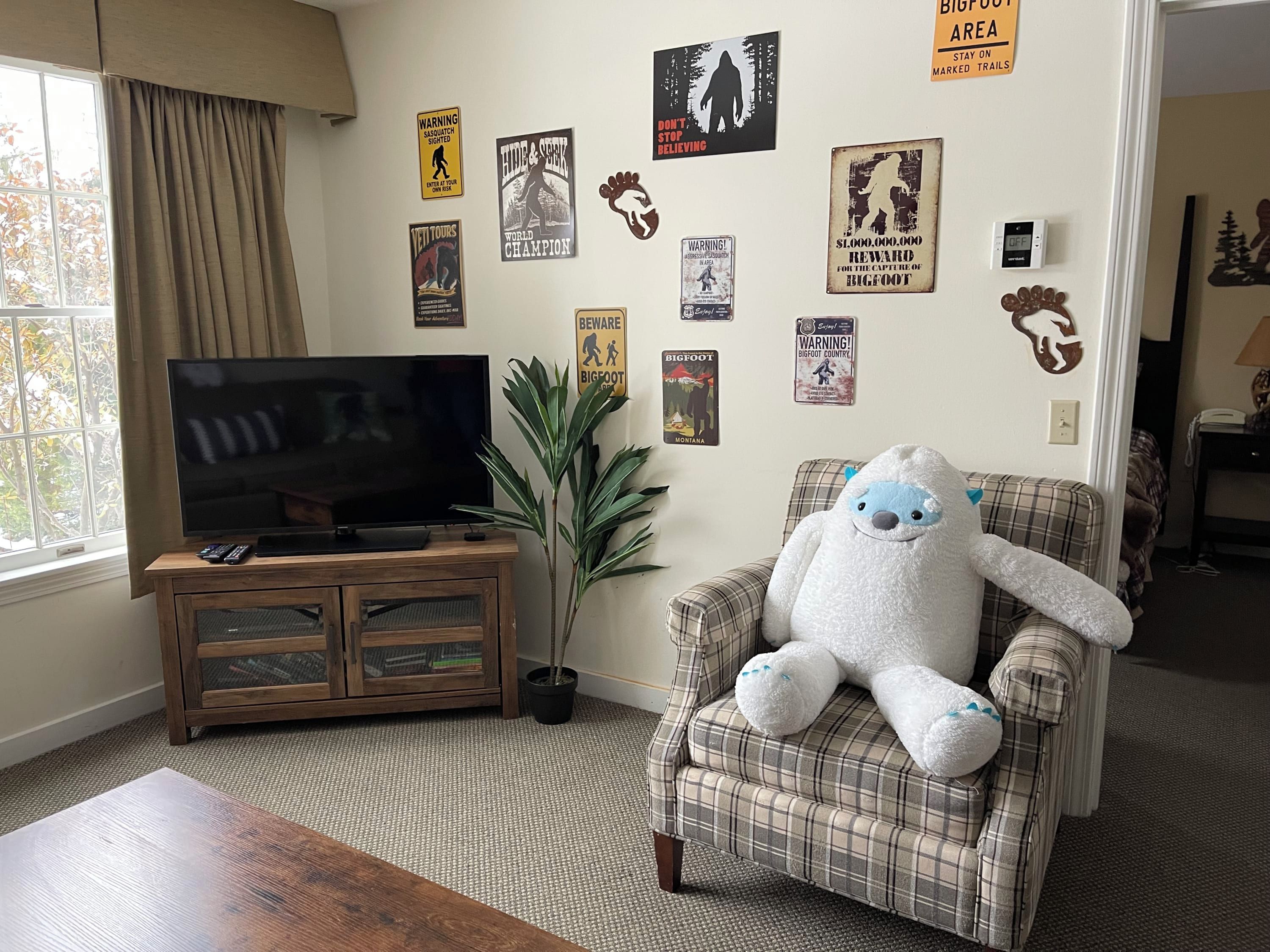 Ein Wohnzimmer mit Fernseher auf einem Holzboden, einem großen Plüschtier auf einem karierten Sessel und verschiedenen Postern an der Wand.