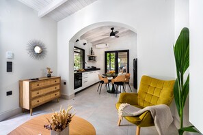 Älytelevisio, takka, kirjoja, musiikkikirjasto