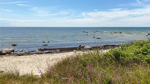 Een strand met helderblauw water, verspreide rotsen en begroeiing.