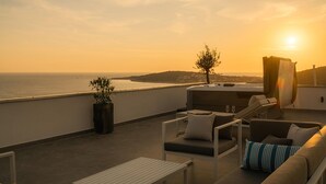 Een terras op het dak met een bank, stoelen, een tafel en een potplant.