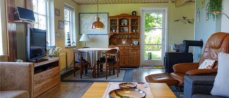 Una televisión, una chimenea, un reproductor de DVD