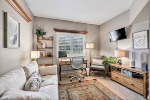 Smart TV, fireplace, books