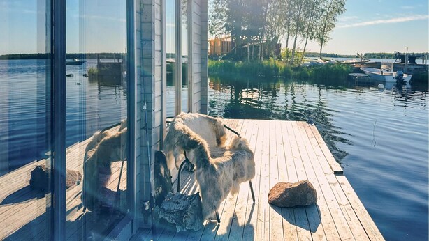 Eine Holzstege ragt in einen ruhigen See, mit einem Hund auf dem Steg und einer Glastür, die zu einem Gebäude führt.