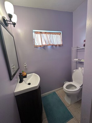 Bathtub, towels, soap, toilet paper
