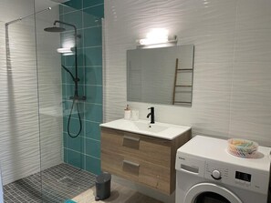 Shower, towels, toilet paper