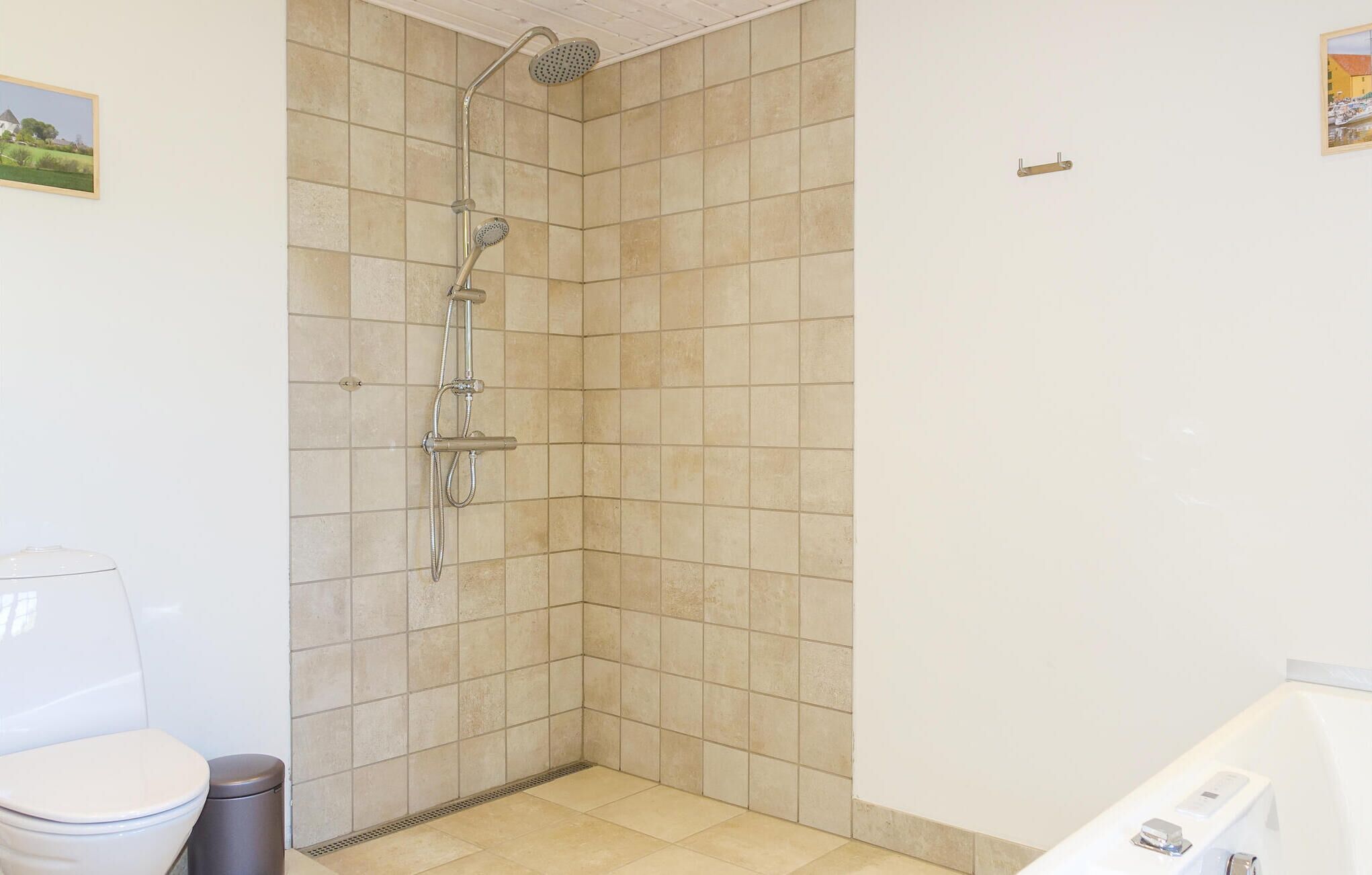 Une salle de bain avec douche, toilettes et baignoire.
