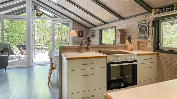 A modern kitchen with a large island, a built-in oven, and a window overlooking a garden.