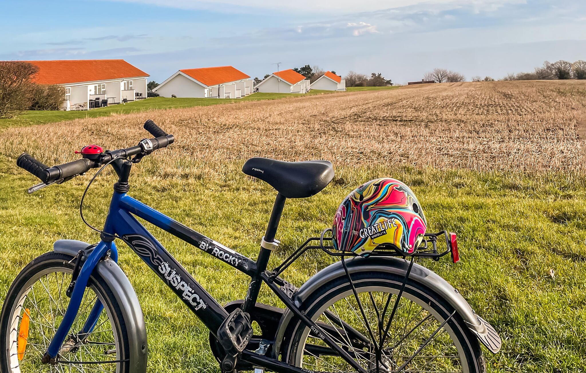 A blue bicycle with a colorful helmet and a bag on the back, parked in a grassy field with houses in the background.