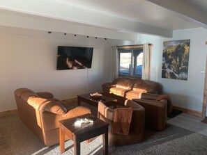 Smart TV, caminetto, lettore DVD, libri