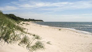 Une plage de sable avec des dunes et un ciel dégagé.