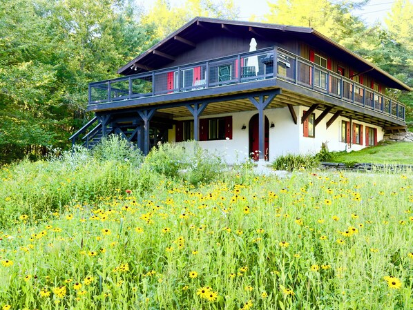 A two-story chalet with a balcony, surrounded by a field of yellow flowers and trees.