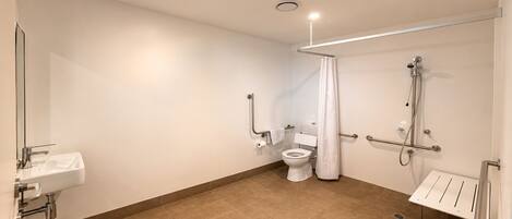 A modern bathroom with a toilet, sink, shower, and grab bars.