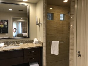 Shower, jetted bath, hair dryer, towels