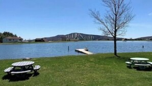 A lakeside picnic area with tables and a dock. - Tranquil, Stylish Elk Mountain Home with Lake Access (Union Dale)