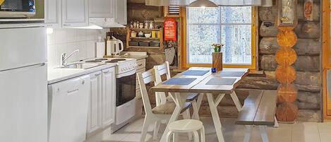 Fridge, microwave, dishwasher, cookware/dishes/utensils