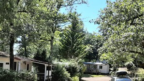 A gravel path leading to a white RV parked on the right, surrounded by trees and a small building on the left.