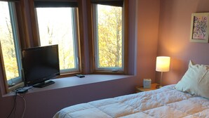 Un dormitorio con cama, televisor sobre el alféizar de una ventana, mesita de noche con lámpara y un cuadro en la pared.