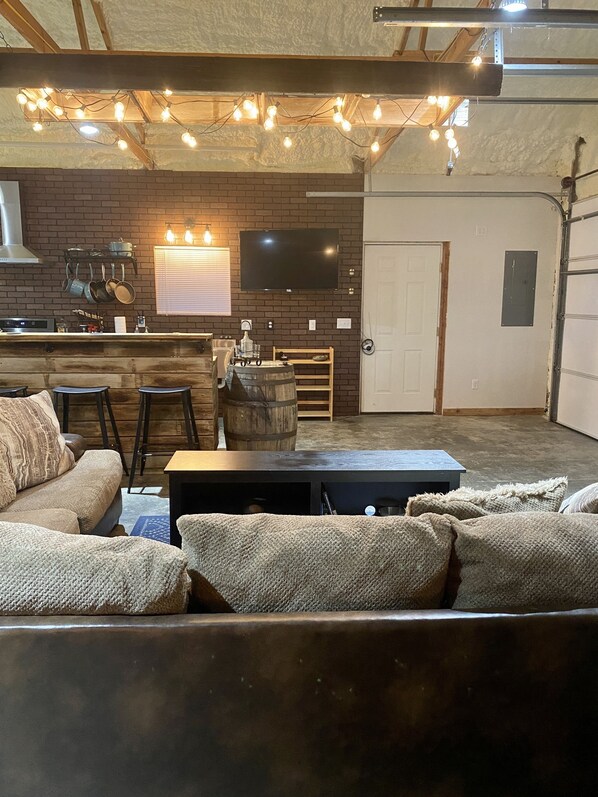 Smart TV, fireplace, books, computer monitors