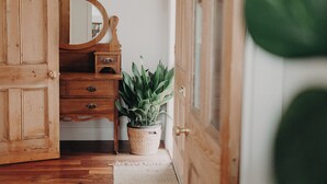 Um guarda-roupa de madeira com espelho, um vaso de planta e um candeeiro pendente.