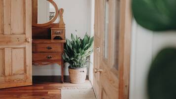 A wooden wardrobe with a mirror, a potted plant, and a hanging light fixture.