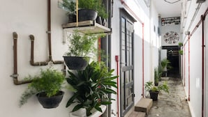 A narrow corridor with potted plants on the walls and a door at the end. - VILA MADALENA Perfect Location: Artistic Apartment (SP)