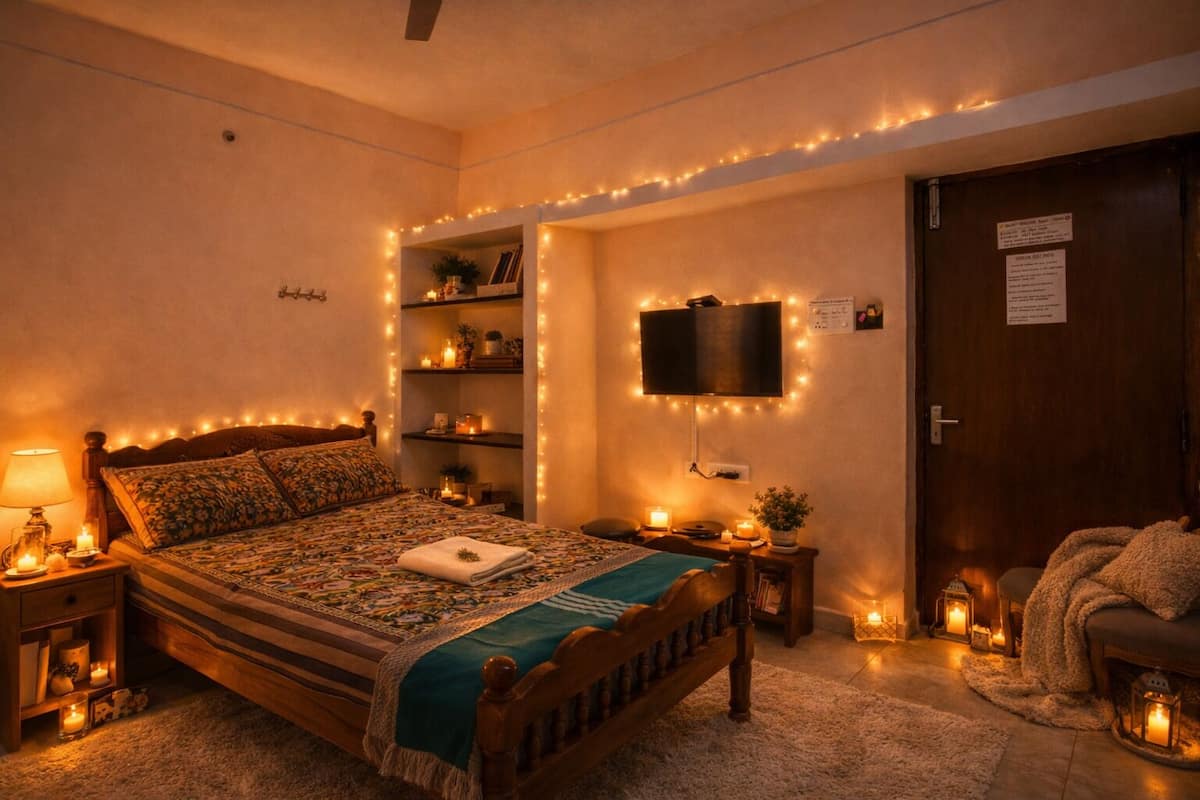 Um quarto aconchegante com cama, abajures, uma TV, prateleiras e luzinhas.