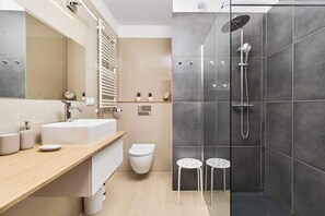 Ducha, secador de pelo, toallas y champú