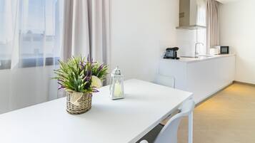 Fridge, microwave, stovetop, espresso maker