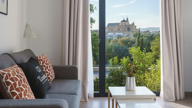 Een moderne woonkamer met een grijze bank, twee gestreepte kussens, een witte salontafel en uitzicht op een historisch gebouw door grote ramen.