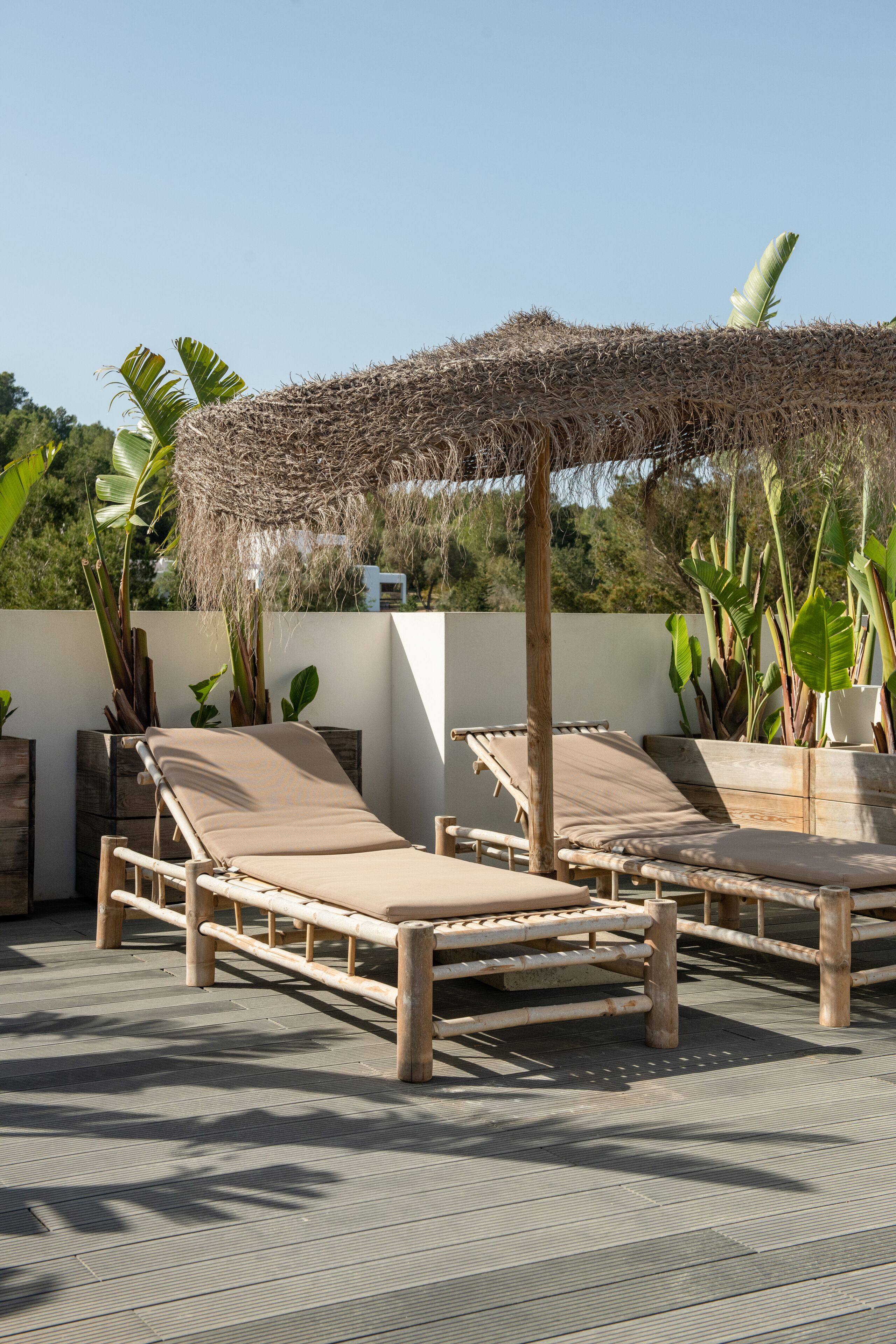 Un espace de détente aménagé sur le toit, avec deux fauteuils en bois placés sous un toit de chaume, entouré de plantes en pot et offrant une vue sur un ciel dégagé.