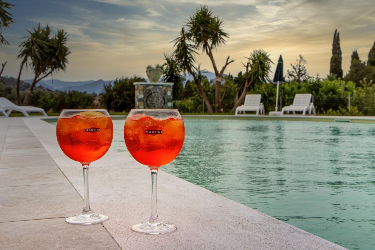 Two Martini glasses on a poolside with a view of palm trees and mountains in the background.