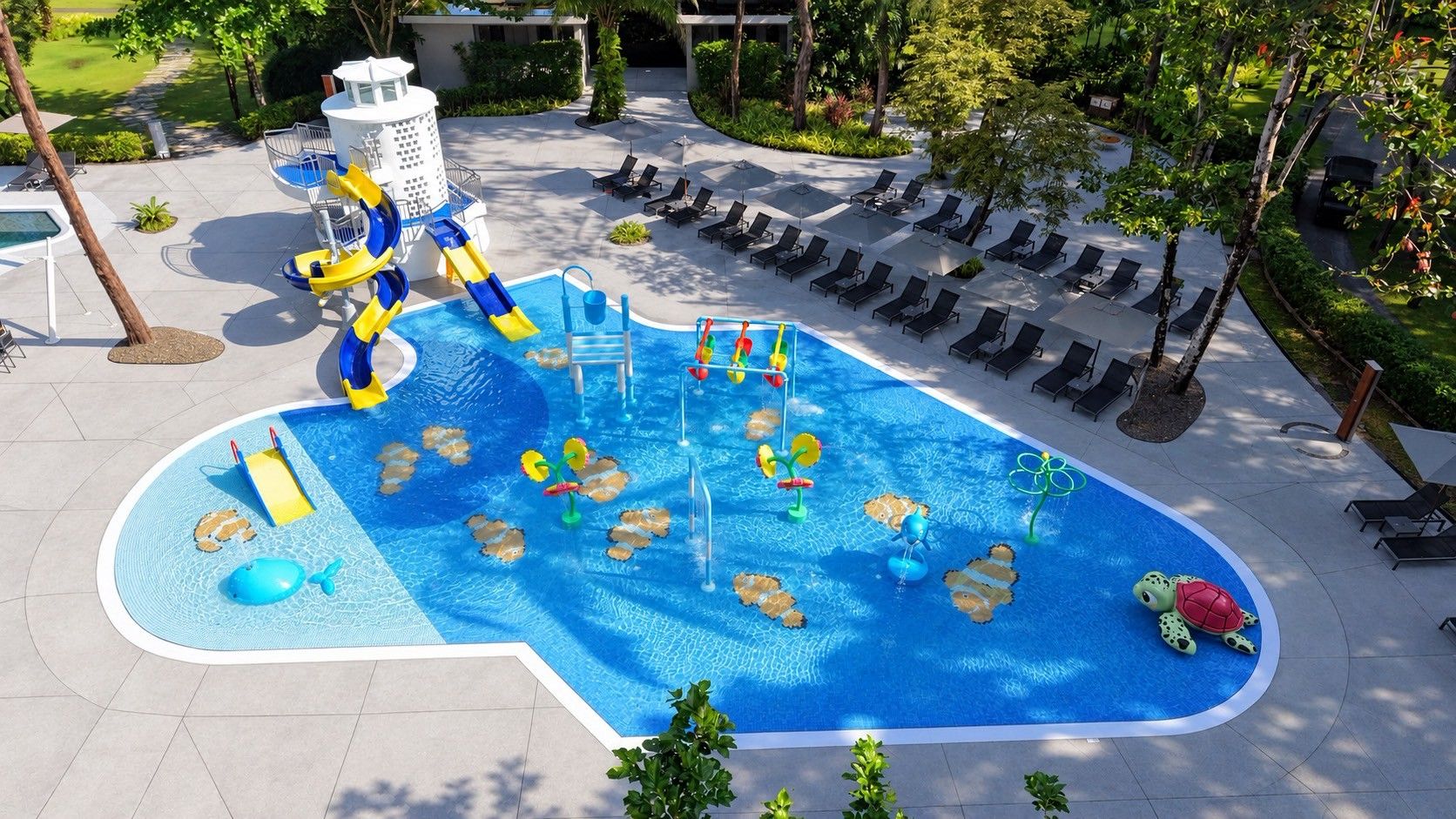 A swimming pool with slides and water toys, surrounded by lounge chairs and a covered area.